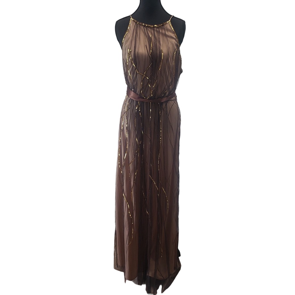 Sophisticated Sequin Mesh Maxi Dress Womens Brown Gold Y2K Whimsigoth Fairy Gown